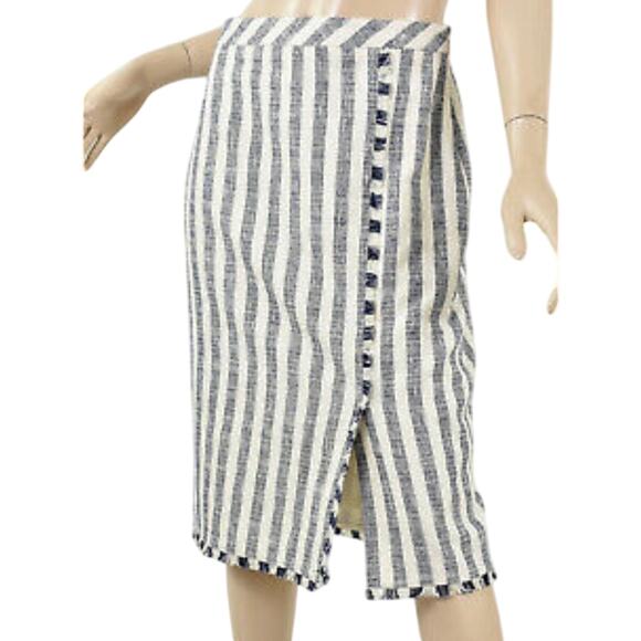 BANANA REPUBLIC Navy & White STRIPE TWEED PENCIL Fringe Trim Faux-Wrap Skirt 8 - Picture 1 of 3